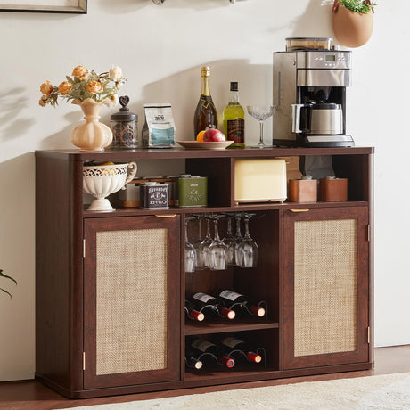 Lerliuo Rattan Wine Cabinet with 2 Doors, Boho Liquor Cabinet with Wine Racks, Farmhouse Coffee Bar Station for Living Room, Dining Room, Kitchen, Walnut Lerliuo