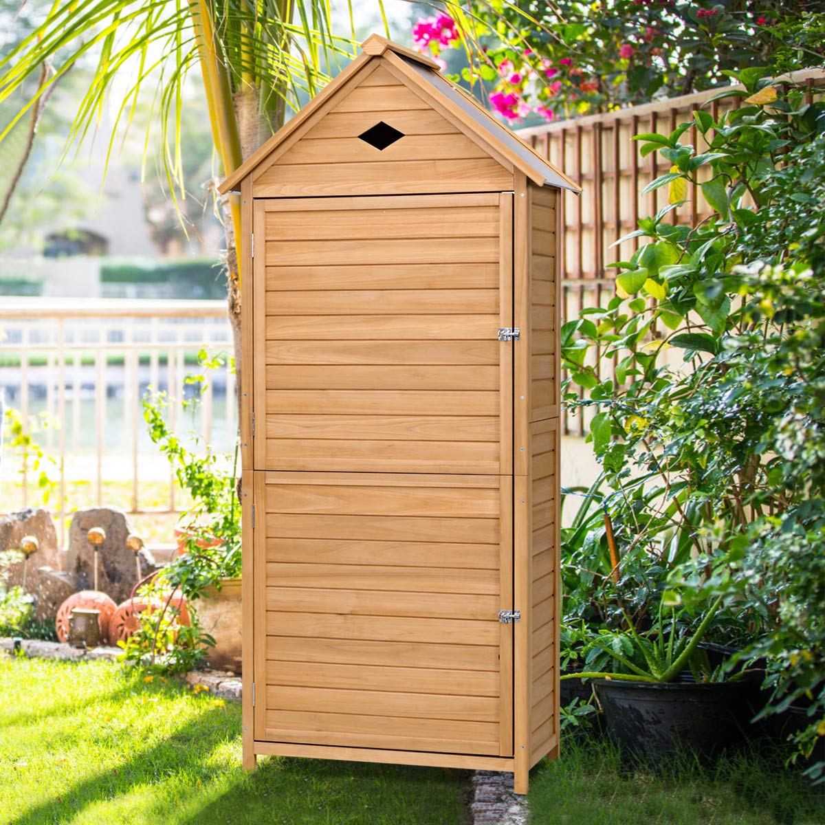 Goplus Outdoor Storage Shed Locker Wooden Hutch for Garden Yard Lawn - WoodArtSupply