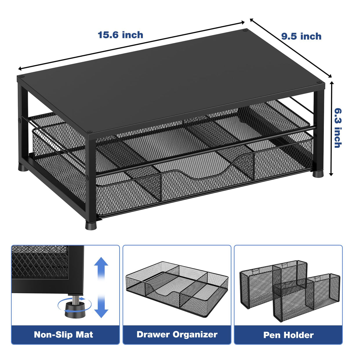 OPNICE Desk Organizer and Accessories, 2-Tier Computer Monitor Stand with Drawer and 2 Pen Holders, Office Desk Accessories for Office Supplies, Black OPNICE