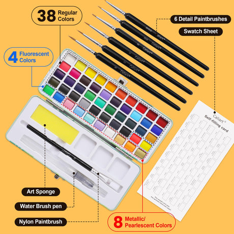 50 Colors Washable Watercolor Paint Set with 6 Brushes, Portable Travel Water Color Kit with Carrying Case, Palette and Accessories, Non-Toxic Art Supplies Gift for Artists Adult Teen Kids Girls Boys Caliart