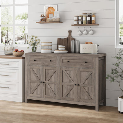 HOSTACK 55" Buffet Sideboard Cabinet with Storage, Modern Farmhouse Coffee Bar Cabinet with Drawers and Shelves, Barn Door Storage Cabinet for Kitchen, Living Room, Ash Grey - WoodArtSupply