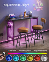 VASAGLE 47.2" Long Bar Table with Charging Station, LED Lights, Narrow Counter Tables Rectangular Couch Sofa Table, Metal Mesh Panels Frame, High Top Pub Table for Kitchen Living Room Party, Black VASAGLE