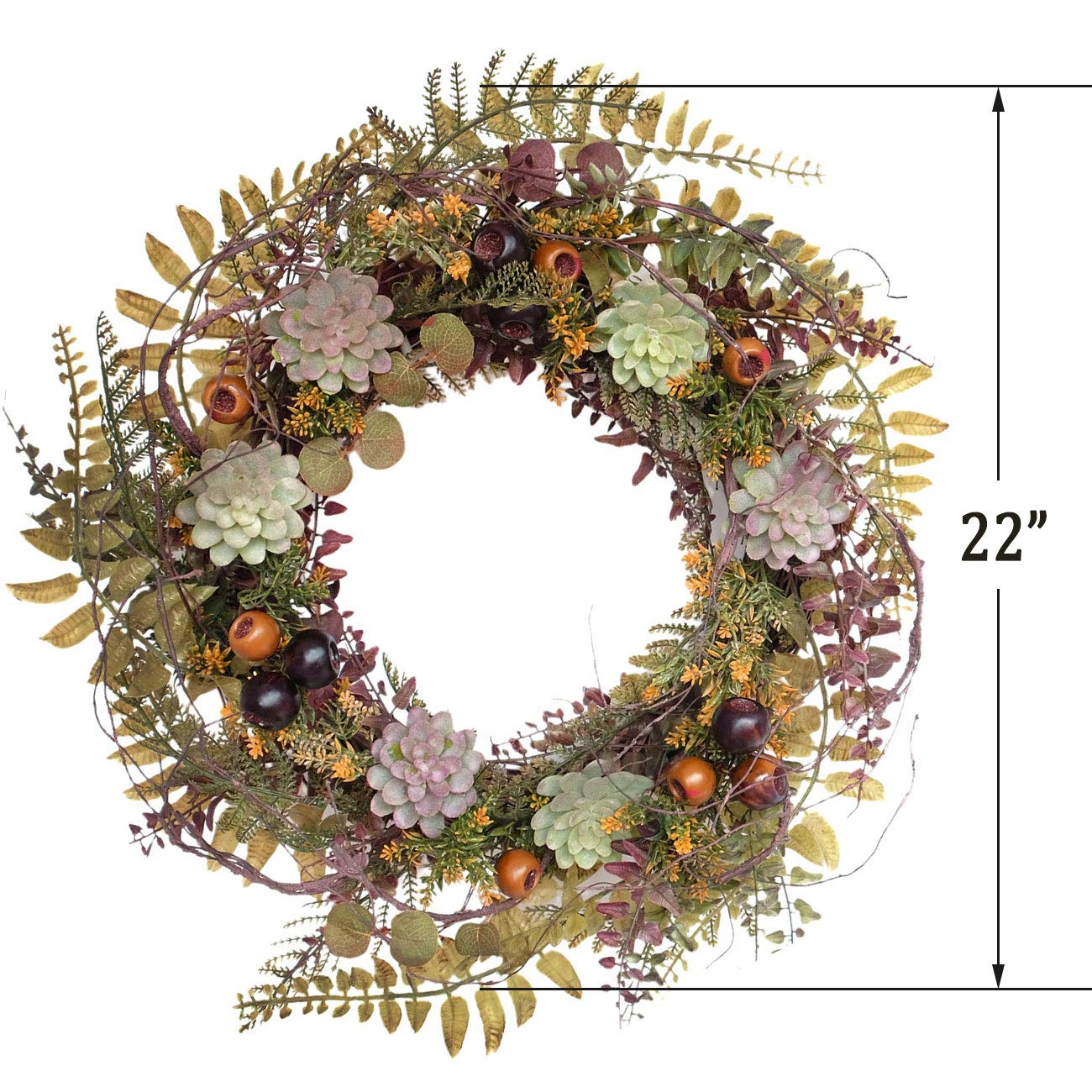 idyllic 22 Inches Christmas Wreath of Assorted Fern Leaves and Succulents Berry, Winter Spring Artificial Wreath for Front Door, Wall, Window, Farmhouse