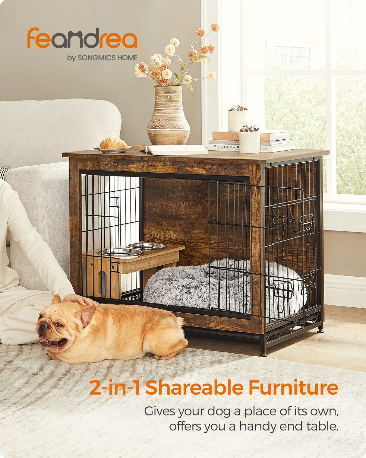 Feandrea Dog Crate Furniture, 32.5" Side End Table, Modern Kennel for Dogs Indoor up to 45 lb, Heavy-Duty Dog Cage with Multi-Purpose Removable Tray, Double-Door Dog House, Rustic Brown UPFC002X01 Feandrea