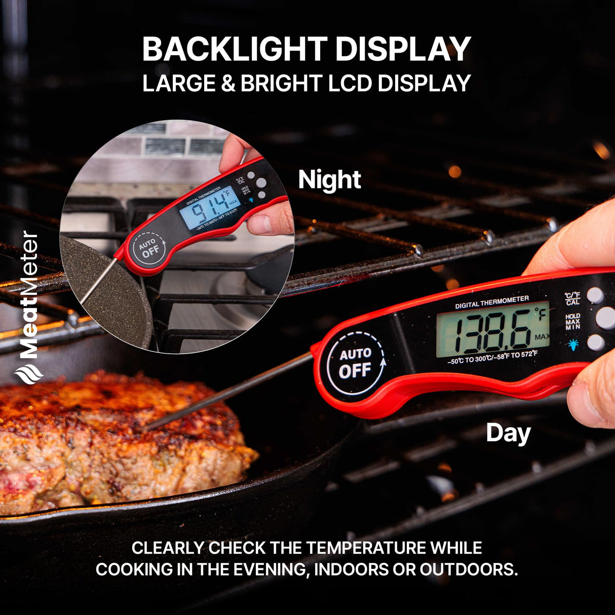 MeatMeter Digital Meat Thermometer for Grill/Cooking Fast Instant Read Waterproof Magnetic Probe Thermometer w/Backlight and Display for Kitchen, BBQ, Frying, etc. Chicken, Steak,or Burgers, Red MeatMeter