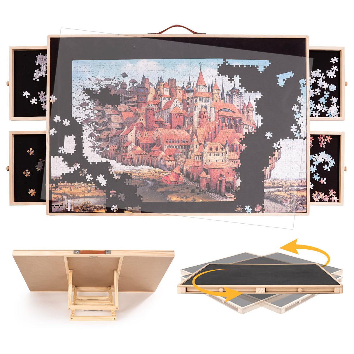 1500 Pieces Rotating Puzzle Board with Tilting and Cover, 36.2’x25.2’ Portable Wooden Jigsaw Puzzle Table with Lazy Susan and Drawers for Adults, Gift for Mom, Family, Friend Miereirl
