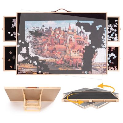 1500 Pieces Rotating Puzzle Board with Tilting and Cover, 36.2’x25.2’ Portable Wooden Jigsaw Puzzle Table with Lazy Susan and Drawers for Adults, Gift for Mom, Family, Friend