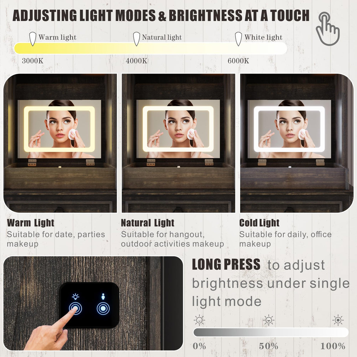 FREDEES Vanity Desk with Mirror,Small Makeup Vanity Set with Customizable Lighting,Compact Makeup Vanity Desk with Hidden Storage and Comfortable Stool,Dressing Table for Bedroom,Brown FREDEES