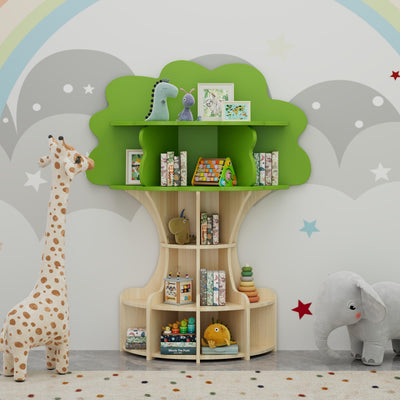 RUPOLX 5-Tier Tree Kids Bookshelf, Toddler Montessori Shelf Book Rack, Toy and Book Storage for Kids, Wooden Children's Bookcase, Toy Storage Organizer for Preschool, Kid Room, Playroom, Nursery-002