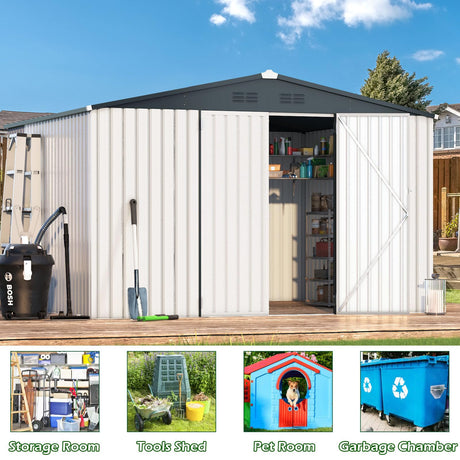ACOJOY 10'x10' Shed, Large Metal Storage Sheds & Outdoor Clearance, Steel Backyard Shed with Lockable Doors, Utility and Tool Storage for Garden, Patio, Outside Use in White AECOJOY
