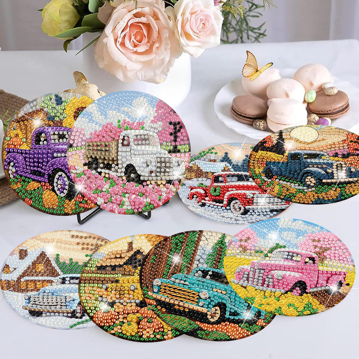 8 Pcs Diamond Art Coasters Kits - All Season Diamond Painting Coasters with Holder Cork Pads DIY Truck Art Dots Painting Set for Adults Beginners Crafts Meothan