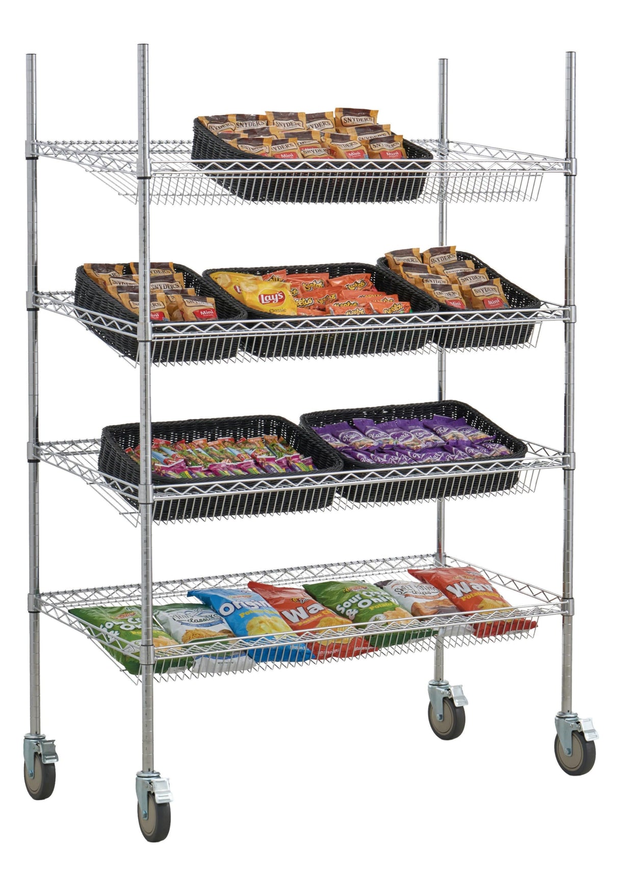 Value Series Commercial 4-Tier Slanted Wire Shelving Unit, 48" W x 18" D x 69" H, Chrome Merchandising Rack, Mobile Storage Unit for Stores, Restaurants, Garage, Office Value Series