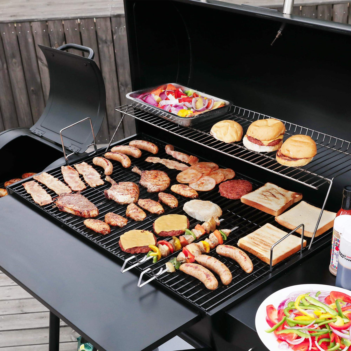 Royal Gourmet CC2036F Barrel Charcoal Grill with Offset Smoker, Outdoor Smoker with 1200 Sq. In. Cooking Area for Outdoor Barbecue Event , Black Royal Gourmet