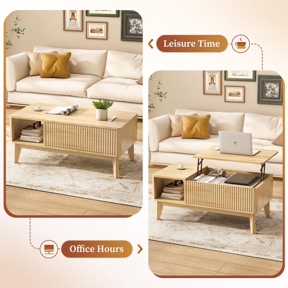 LYNCOHOME Fluted Lift Top Coffee Table with Hidden Compartment, Modern Center Table for Living Room, Home Office, Natural LYNCOHOME