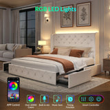 LARMACE Queen Size Bed Frame with Storage Drawers and Tufted Headboard Velvet Upholstered Platform Bed Frame with LED Light Wingback Beds with Wooden Slats Support, Easy Assembly, White LARMACE
