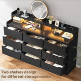 EnHomee 9 Drawers Dresser with LED Light Storage Shelves,Black Dresser for Bedroom with Charging Station,Dressers & Chests of Drawers with Handleless in Modern Style,Tall Wooden Dresser for Home EnHomee