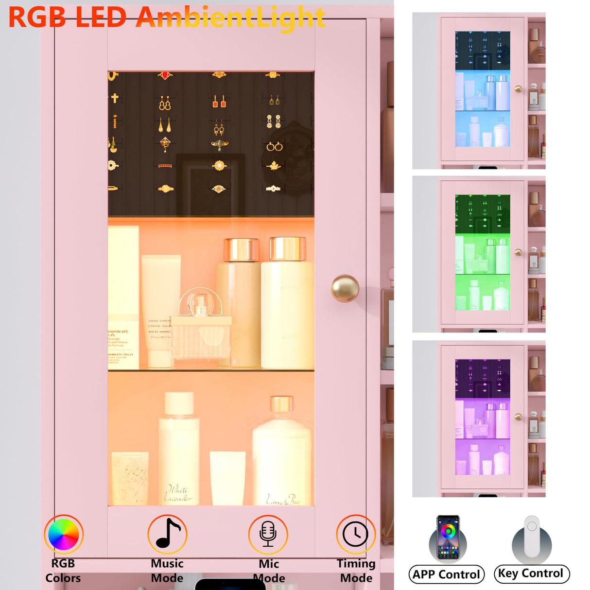 HUANLEGO Vanity Desk with Mirror and Lights, Glass Top Vanity with Lights and RGB Cabinet & Jewellery Organizers, Makeup Vanity Desk with Lights, Power Outlet, Dressing Table for Bedroom, Pink HUANLEGO