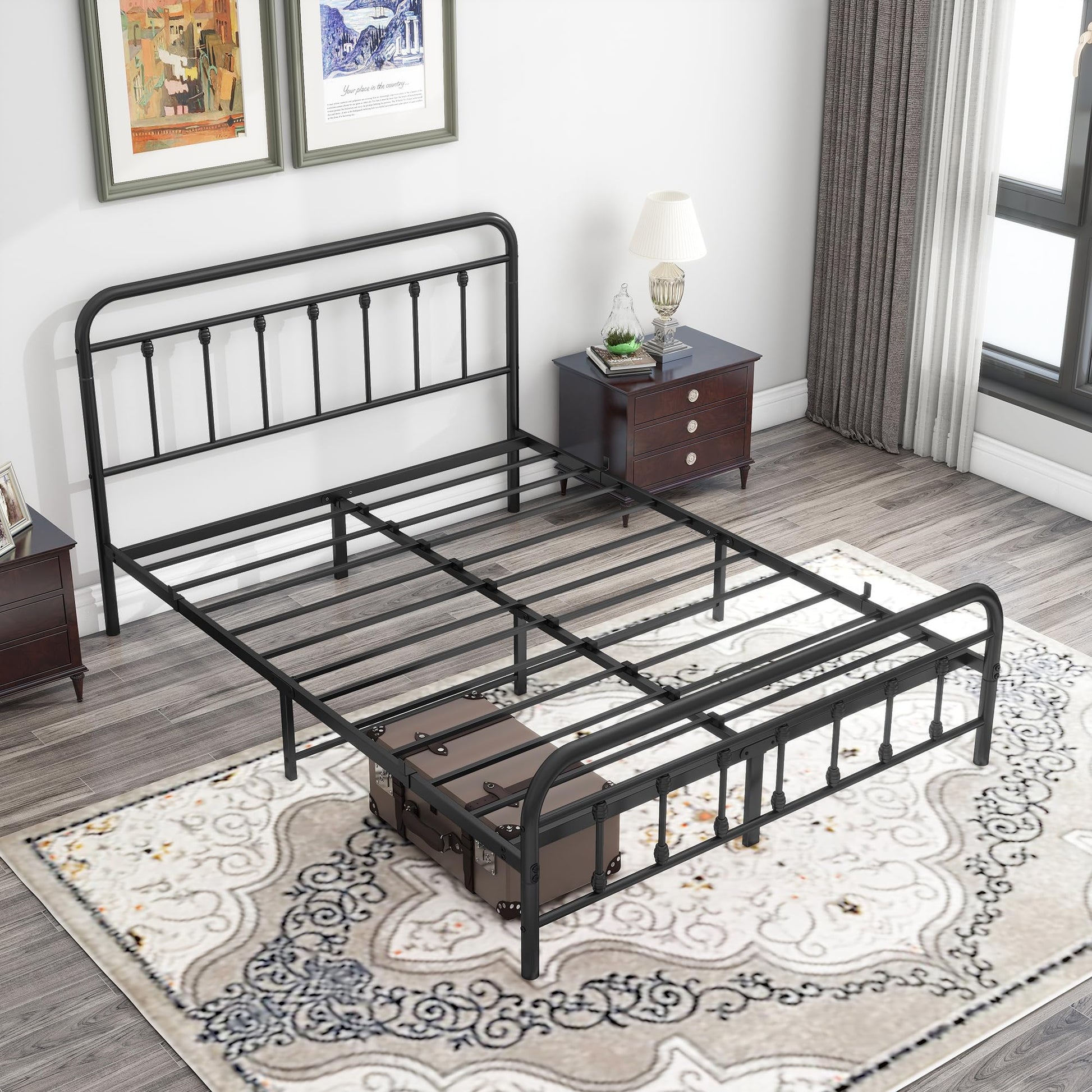 DUMEE Textured Black Metal Queen Bed Frame with Vintage Headboard & Footboard, No Box Spring Needed - WoodArtSupply