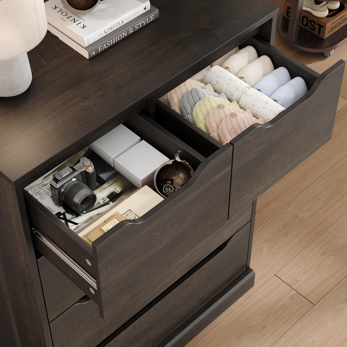 HOSTACK Modern 5 Drawer Dresser for Bedroom, Chest of Drawers with Storage, Wood Storage Chest Organizers with Cut-Out Handles, Accent Storage Cabinet for Living Room, Entryway, Hallway, Dark Brown HOSTACK