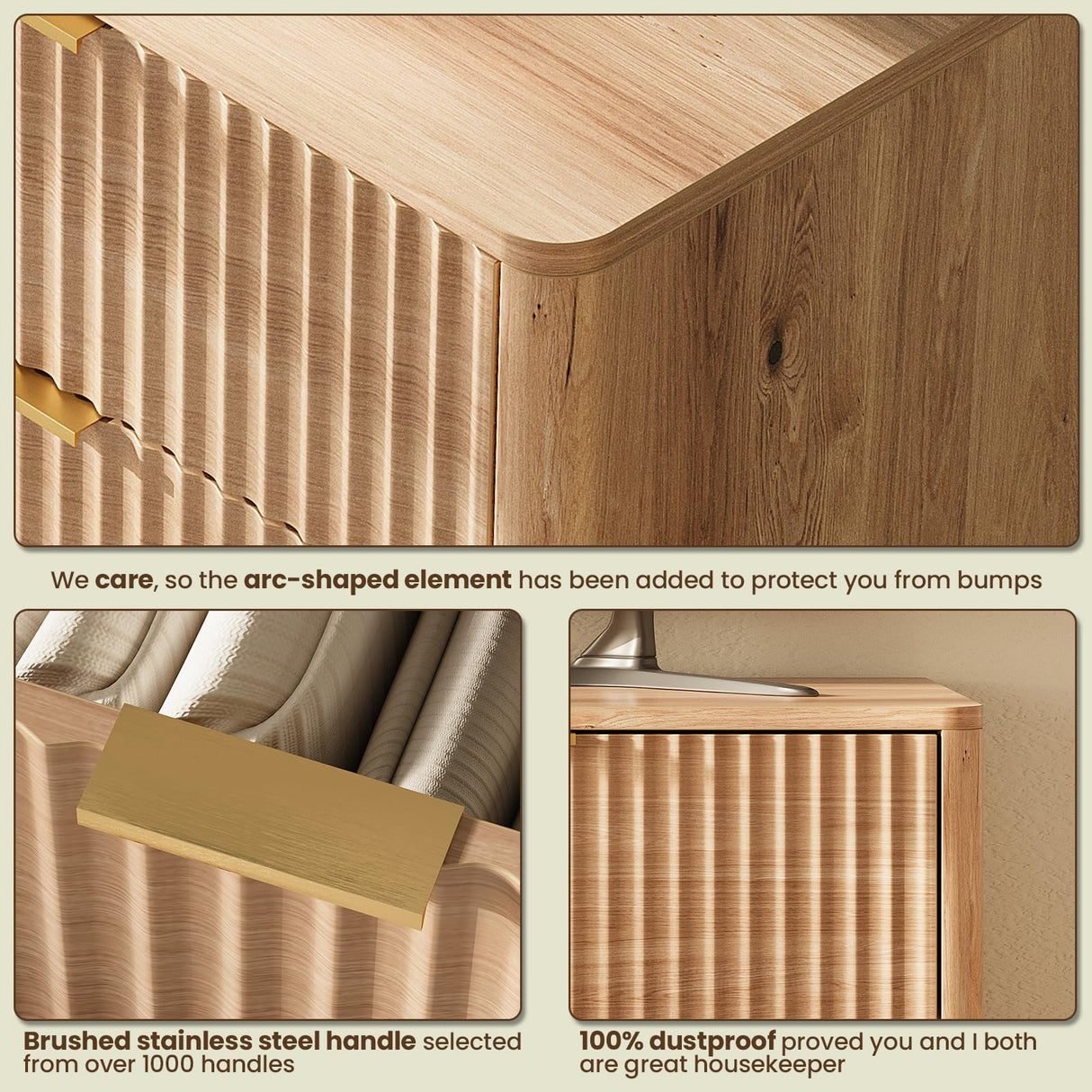 TROJM 63'' Wide 9 Drawers Dresser for Bedroom,Modern Fluted Vertical Chest with Rounded Corners,Fluted Dresser for Living Room,Hallway, Natural Wood TROJM