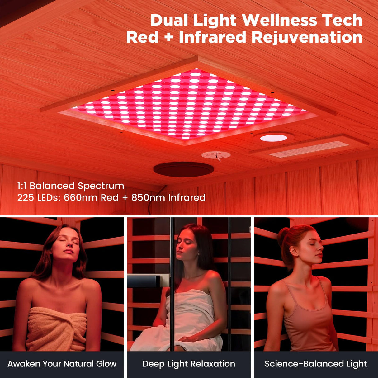 OnxyEdge 2-Person Full Spectrum Infrared Sauna with 12 * 12" Red Light Therapy & 2 Built-in Speakers, Indoor Dry Sauna 1990W/120V with Dual LED Controls for Home & Gym – Canadian Hemlock Spa Room EXTRAFEIN