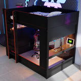 LUMISOL Full Size Gaming Loft Bed with Desk, Wood Bunk Bed Frame with Storage Shelves, LED and Charging Station, Black LUMISOL