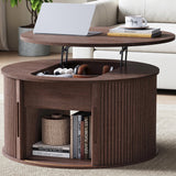 LINSY Lift Top Coffee Table, Round Fluted Coffee Table with Storage, Mid Century Modern Wooden Coffee Tables with Sliding Tambour Door, 31.5" Center Table for Living Room, Office, Small Space, Walnut LINSY