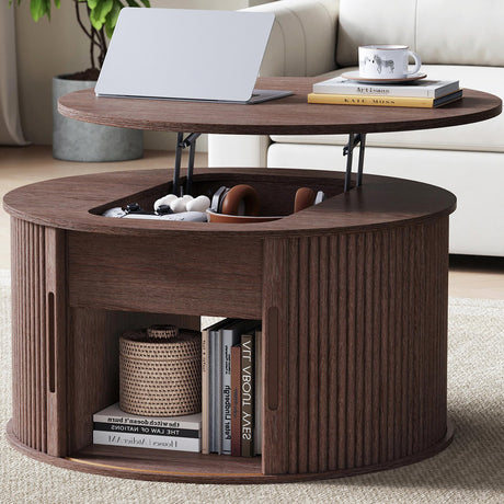 LINSY Lift Top Coffee Table, Round Fluted Coffee Table with Storage, Mid Century Modern Wooden Coffee Tables with Sliding Tambour Door, 31.5" Center Table for Living Room, Office, Small Space, Walnut LINSY