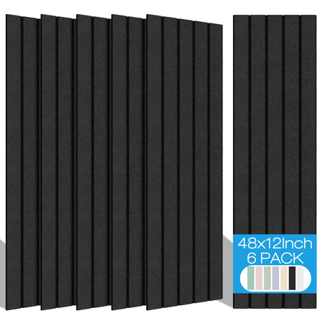 BUBOS 6 Pack Large Acoustic Panels,48x12Inch SoundProof Panels for Walls,Self Adhesive Acoustic Wall Panels,Decorative Sound Panels for Home Studio Office (Black) BUBOS