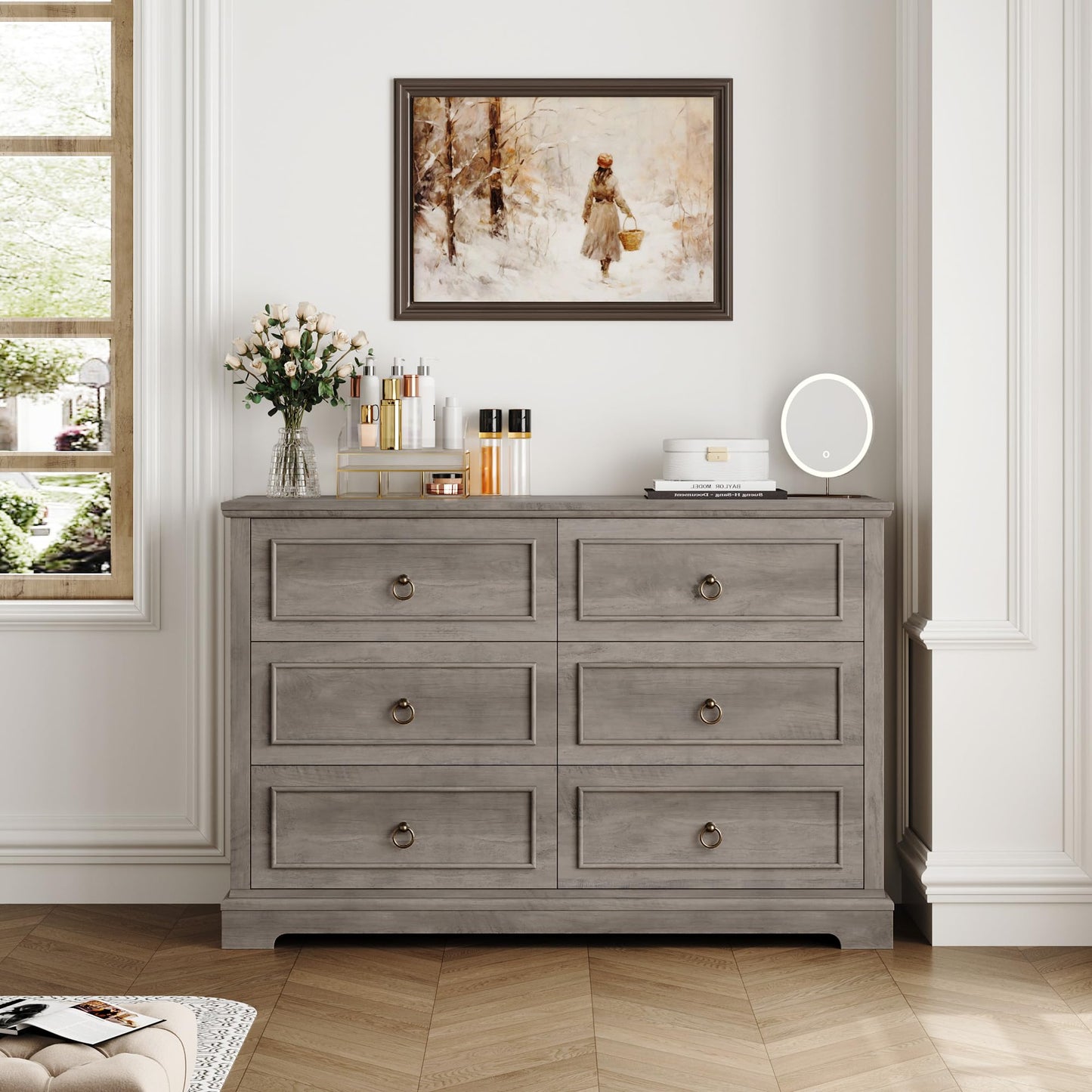 HOSTACK 6 Drawer Double Dresser, Modern Farmhouse Chest of Drawers, Wide Dressers Organizer, Accent Wood Storage Cabinet for Living Room, Hallway, Ash Grey - WoodArtSupply