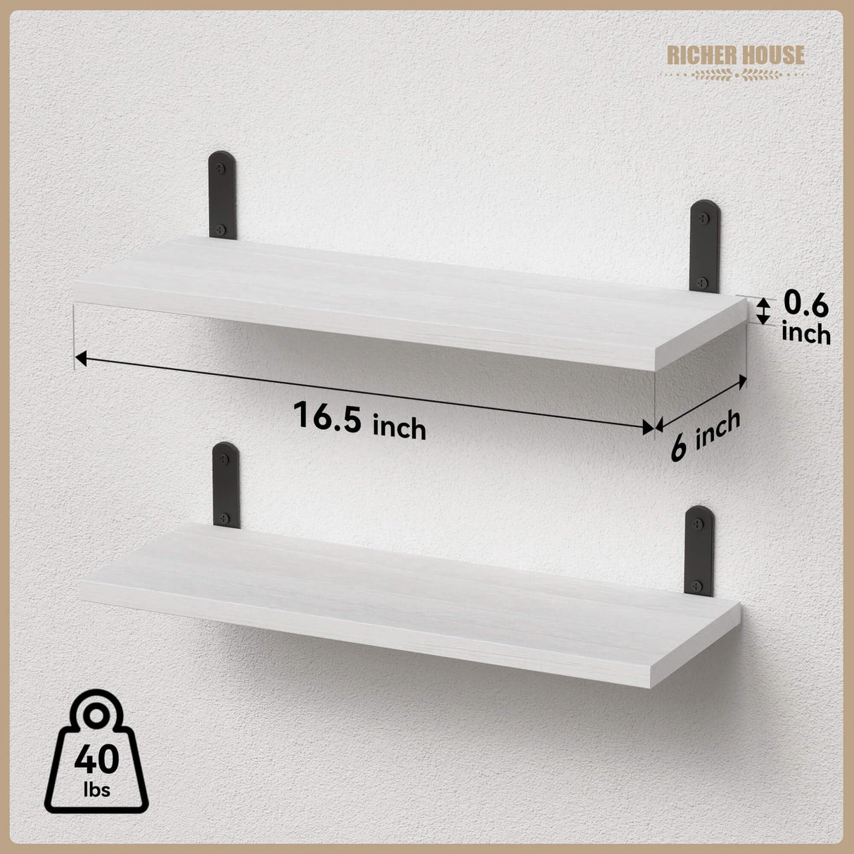 RICHER HOUSE Floating Wall Shelves, Rustic Wood Bathroom Shelves Set of 2, Farmhouse Style Shelf for Décor, Hanging Bedroom, Storage, Kitchen, Living Room - White RICHER HOUSE