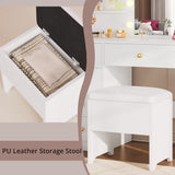 IRONCK Vanity Desk with Mirror and Lights, Small Makeup Vanity Table with 5 Drawers, Power Outlet, and Vanity Stool, 3 Lighting Colors, Dressing Table for Women Girls Bedroom, White IRONCK