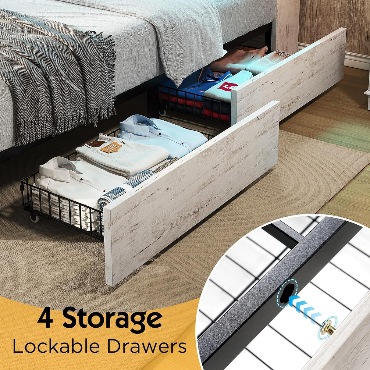 LUXOAK Full LED Bed Frame with Bookcase Headboard and 4 Drawers,Farmhouse Storage Bed with Charging Station & Linen Upholstered, No Box Spring Needed, Distressed White LUXOAK