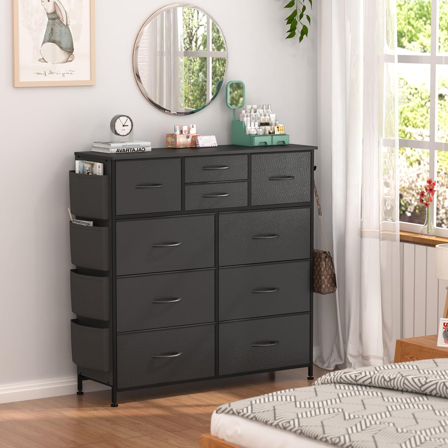 Lulive Dresser for Bedroom with 10 Drawers, Chest of Drawers with Side Pockets and Hooks, PU Storage Dresser, Organizer Unit for Living Room, Hallway, Closet (Black) - WoodArtSupply