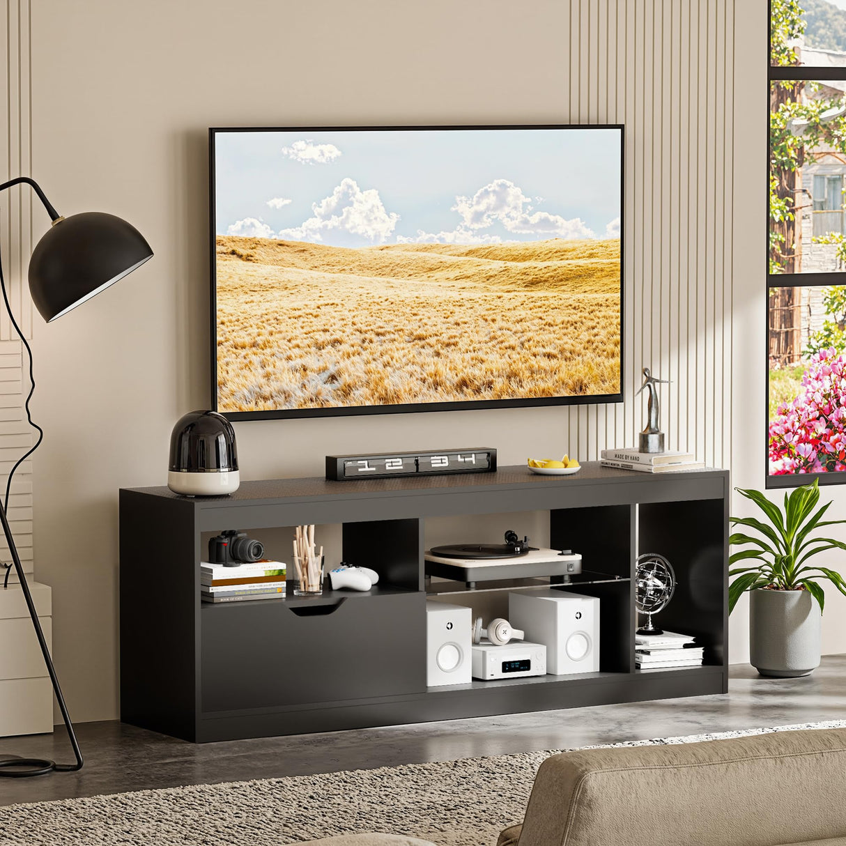 Homall LED TV Stand Mount for 65 inch, Modern Entertainment Center with LED Lights & High Glossy Cabinets, TV Cabinet Console Table with Drawer, Glass Shelves, Dynamic RGB Modes for Living Room, Black Homall