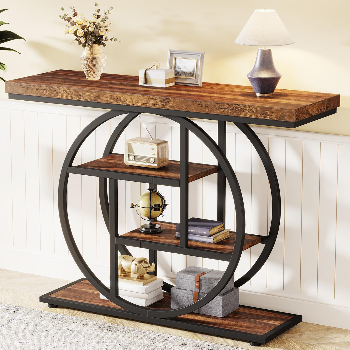 Tribesigns 41.3" Console Table, Industrial 4-Tier Sofa Table Entryway Table with Circle Base, Narrow Wood Accent Tables with Storage Shelves for Living Room, Hallway, Foyer, Rustic Brown Tribesigns
