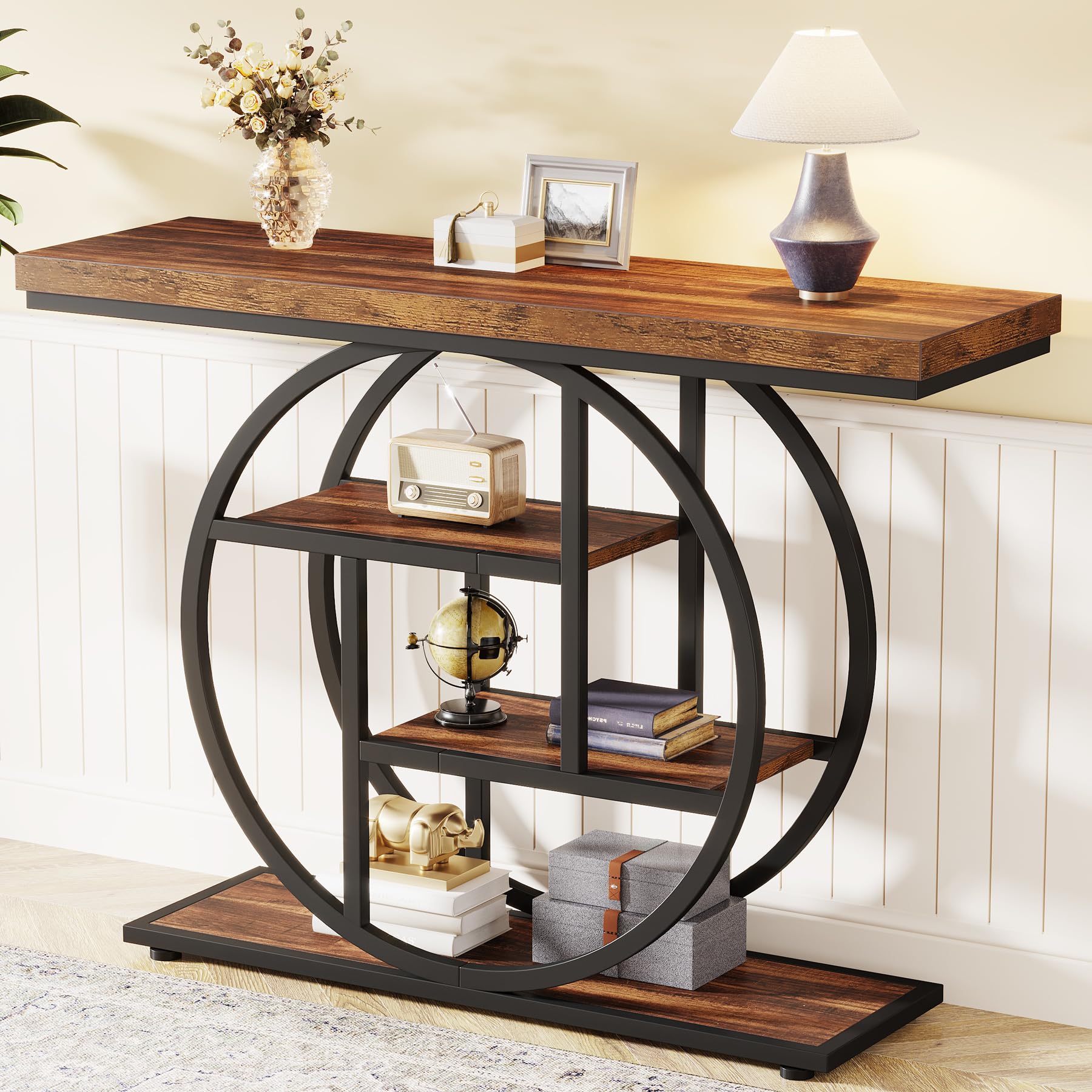 Tribesigns 41.3" Console Table, Industrial 4-Tier Sofa Table Entryway Table with Circle Base, Narrow Wood Accent Tables with Storage Shelves for Living Room, Hallway, Foyer, Rustic Brown - WoodArtSupply