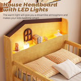 Kids Loft Bed with LED Lights,Wooden Low Loft Bed Twin with House Shape Headboard, 4 Storage Drawers and Stairs for Girls Boys,No Box Spring Needed, Natural Mirightone
