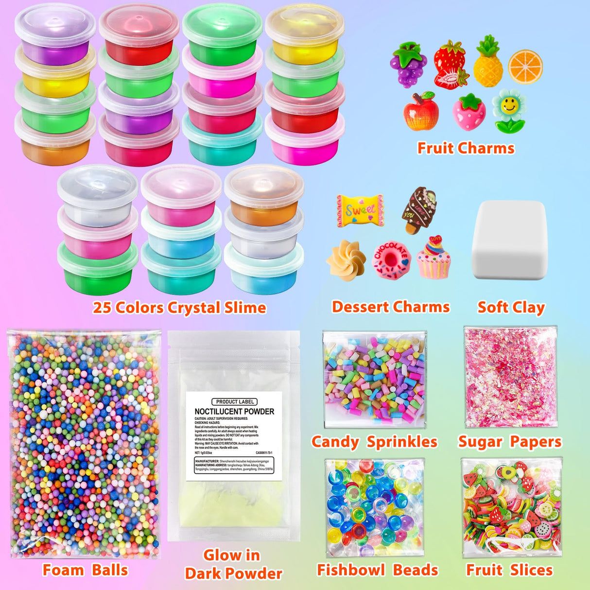 YOPINSAND 25 Cups DIY Slime Kit, Slime Making Kit for Girls, Crystal Clear Slime, Glow in The Dark Slime with Add-ins, Foam Balls, Charms, Slime Party Favors Gift Toys for Kids 3-12 YOPINSAND