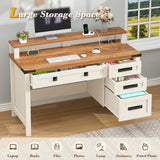 YOMILUVE Farmhouse Executive Desk with Drawers, 47" Computer Desk with Power Outlets, Home Office Desk with Monitor Stand & 4 Drawers, Small Desk Writing Study Table, Antique White YOMILUVE