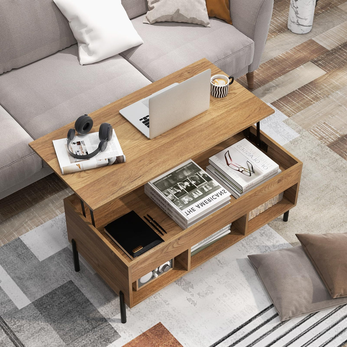 Tangkula Lift Top Coffee Table with Metal Legs, Rising Center Table w/Hidden Compartment & 3 Open Cubbies, Multifunctional Wood Dining Working Table for Living Room Reception Room (Natural) Tangkula