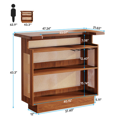 Tribesigns Caramel Brown Farmhouse Rattan Bar Cabinet with 4 Stemware Racks and Ample Storage