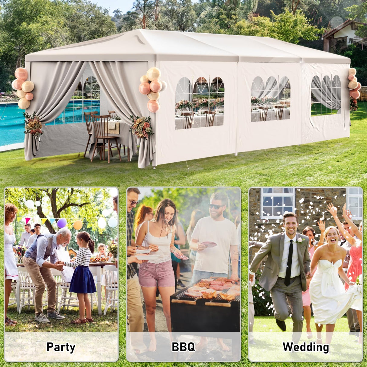 White Party Tent 10X30 Outdoor Canopy Tents for Parties Heavy Duty Waterproof Patio Gazebo Shelter with 8 Removable Sidewalls Wedding BBQ Events Tent for Birthday Holiday Backyard Garden Christmas susici