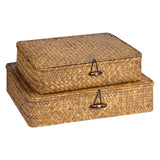 FOSSORH Set of 2 Flat Seagrass Storage Bins with Lid Wicker Storage Baskets for Organizing, Woven Shelf Organizer Bins Home Utility Organizer Box for Home & Office Supplies (Caramel) FOSSORH