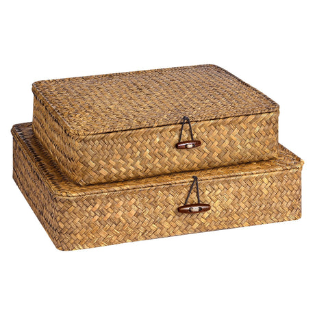 FOSSORH Set of 2 Flat Seagrass Storage Bins with Lid Wicker Storage Baskets for Organizing, Woven Shelf Organizer Bins Home Utility Organizer Box for Home & Office Supplies (Caramel) FOSSORH