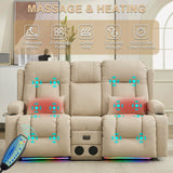 URRED Power Reclining Loveseat Sofa with Console, RV Couch Loveseat Recliner Sofa with Massage & Heat, LED Light, Cupholders, Bluetooth Speakers, USB Charge Ports, Outlets, Leathaire, Beige URRED