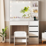 ANWBROAD Makeup Vanity Desk with Lighted Mirror & Power Outlet 35.4" Vanity Table Set with Glass top 5 Drawers Shelves Small Modern Dressing Table 3 Lighting Colors Stool Bedroom White Girls UBDT74W ANWBROAD