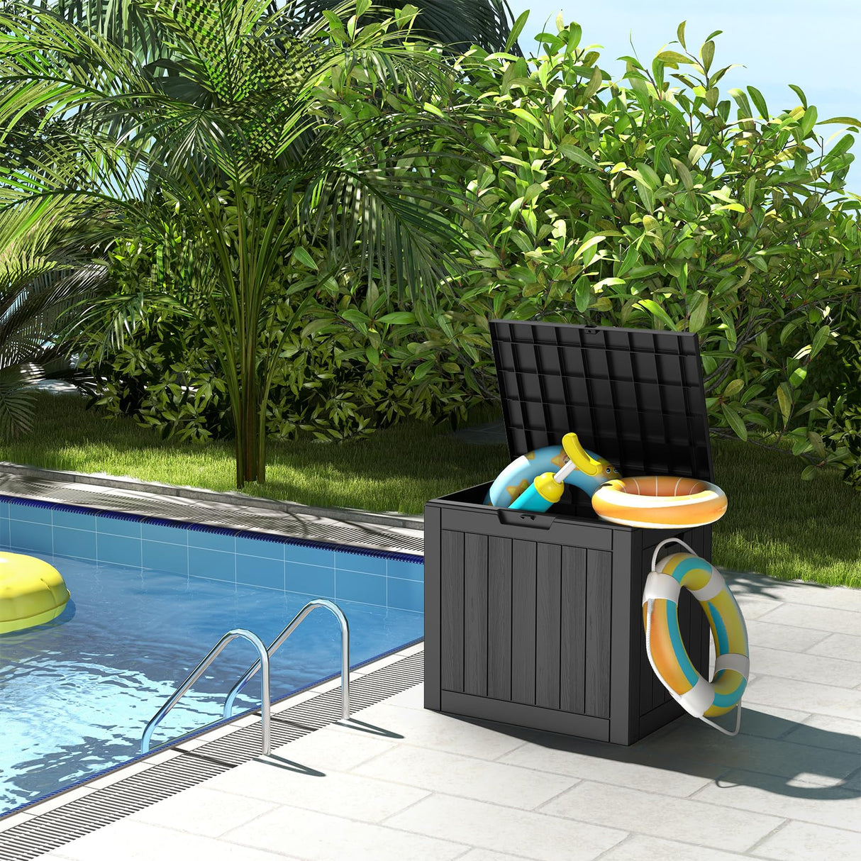 Mars Villa Deck Box, Waterproof Weatherproof and UV Resistant Resin Storage Bin with Lockable Lid, Ideal for, Outdoor, Patio Furniture Cushions, Pool Supplies, Garden Tools (31 Gallon, Black) Mars Villa