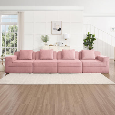 153.5 Cloud Sofa with Deep Seats and Wide Armrests，Boneless Sectional Couch with High Density Memory Foam Sofa, 4 Seater Sofa for Living Room Apartments - No Assembly, Corduroy,Pink