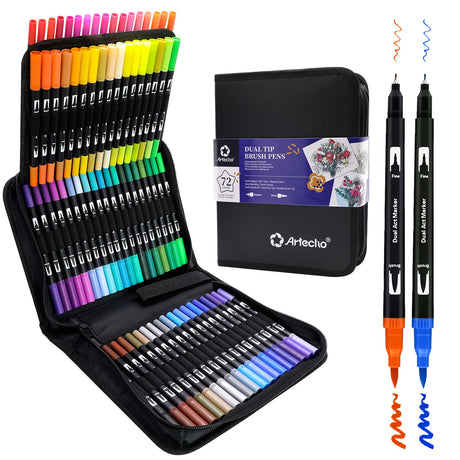 Artecho 72 Colors Markers for Adult Coloring Books No Bleeding, Dual Tip Markers for School, Fine and Brush Tip for Adults Coloring Books, Calligraphy, Drawing, Sketching Artecho